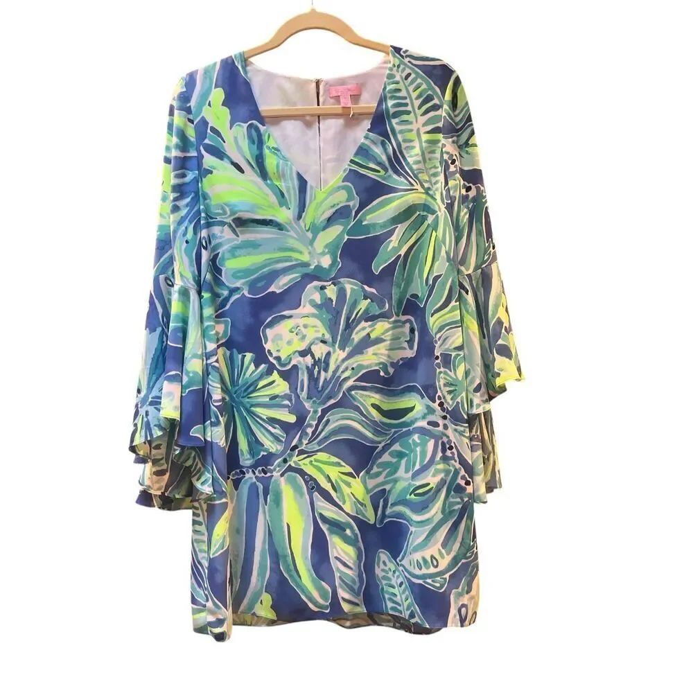 Lilly Pulitzer Rosalia Be Jon Blue palm flounce dress sz Small